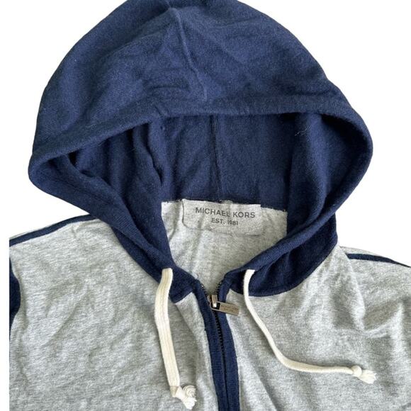 Michael Kors Men’s Nazy Blue/Gray Colorblock Zip-Up Hooded Super Soft Sweater - Picture 2 of 6